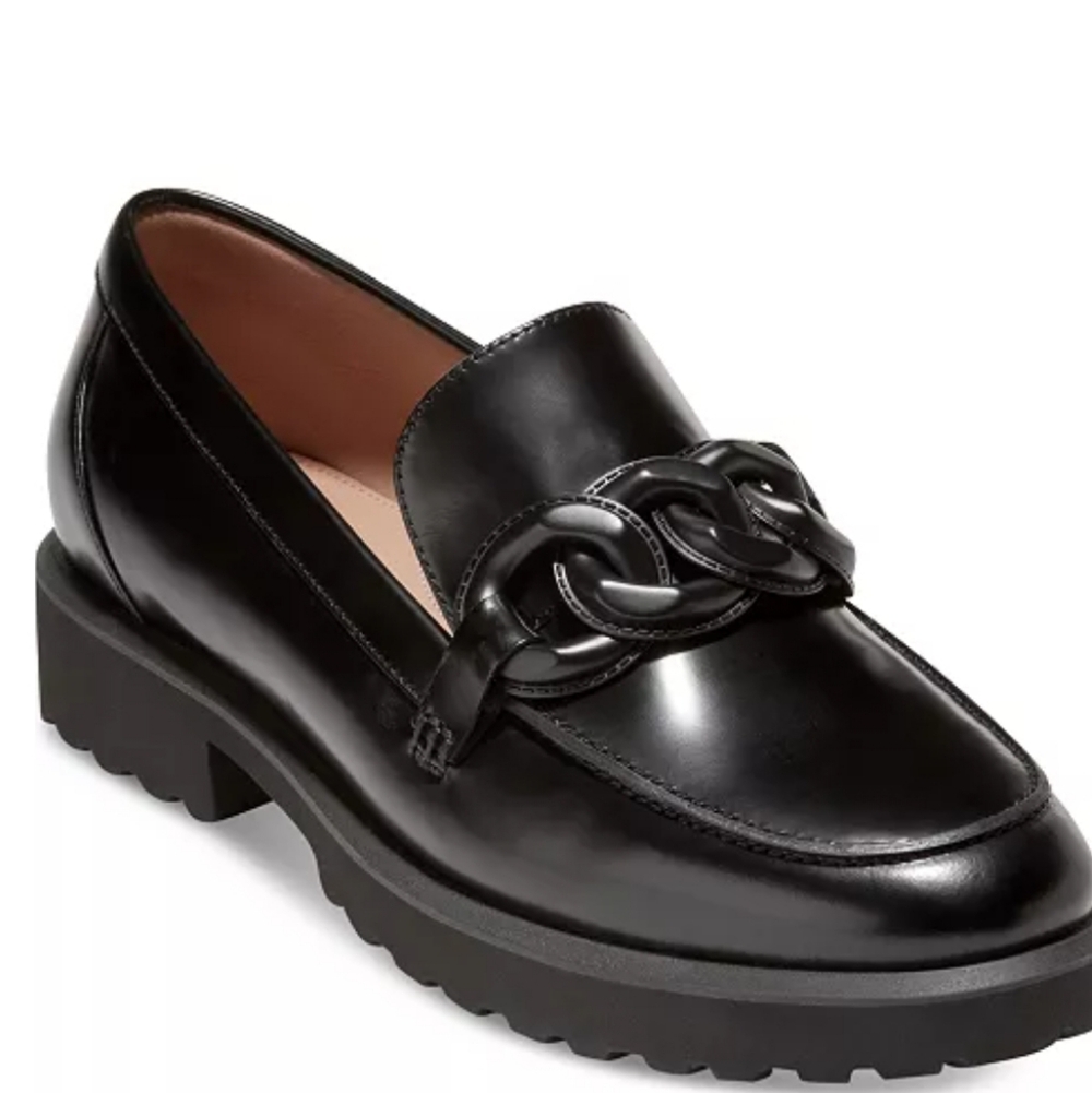Cole Haan Black Leather Chain-Trim Loafers